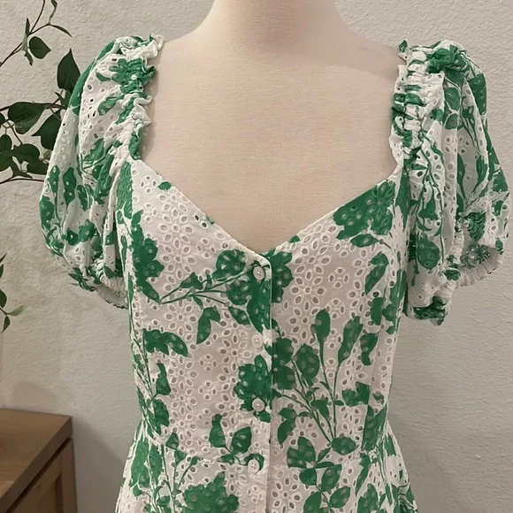 Rachel Parcell | Stencil Floral Eyelet Puff Sleeve Midi Dress Foliage Green - Picture 3 of 12